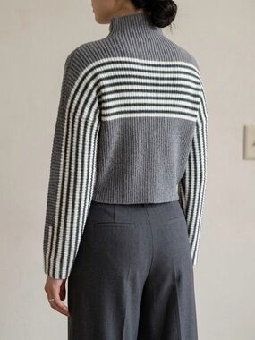 Paper Heart Grey & White Striped Mock Neck Cropped Sweater